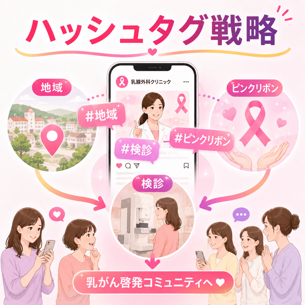 地域、検診、ピンクリボンの三軸で乳がん啓発コミュニティに届けるハッシュタグ戦略のイメージ