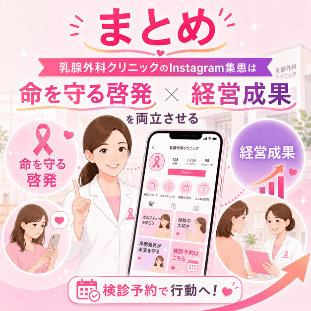 乳腺外科クリニックのInstagram運用で命を守る啓発と経営成果を両立させるまとめイメージ