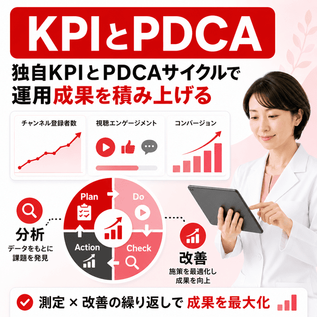 乳腺外科YouTube運用の独自KPIとPDCAサイクルを使い、分析と改善を重ねる様子を示したイラスト