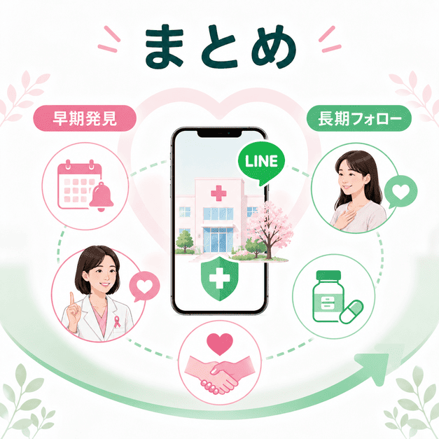 乳腺外科クリニックのLINE運用が早期発見と長期フォローを両立させる経営の柱になることを示したまとめイラスト