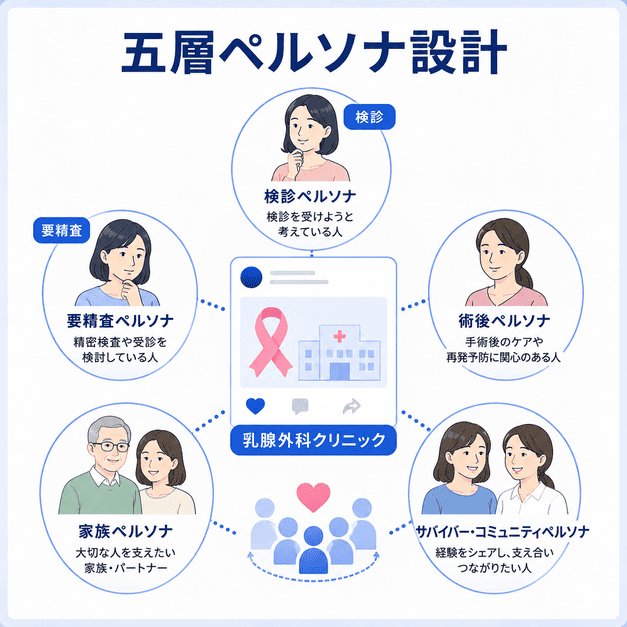乳腺外科クリニックのFacebook運用で検診・要精査・術後・家族・サバイバーの五層ペルソナを整理したイラスト