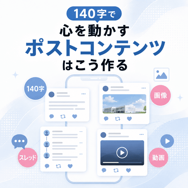 140字投稿、画像投稿、スレッド、動画など、乳腺外科クリニックのX投稿コンテンツ設計を表したイラスト