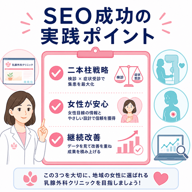 乳腺外科SEOを成功させるための二本柱戦略、女性の安心、継続改善の実践ポイントをまとめたイラスト