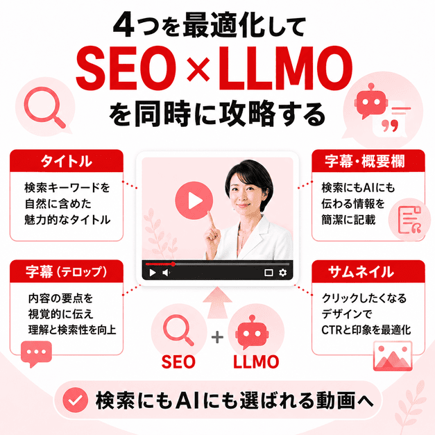 YouTube動画のタイトル・概要欄・字幕・サムネイルを最適化し、SEOとLLMOを同時に強化する流れを示したイラスト