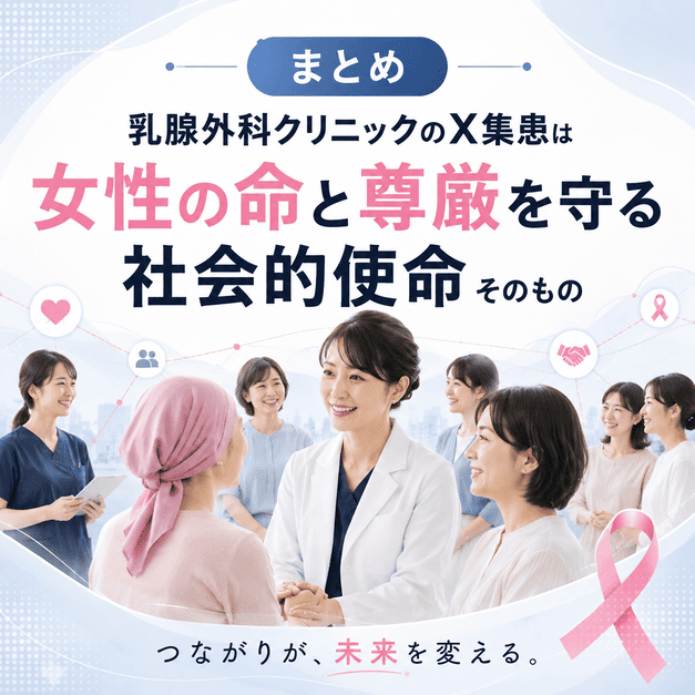 乳腺外科クリニックのX集患が、女性の命と尊厳を守る社会的使命につながることを表したまとめ用イラスト