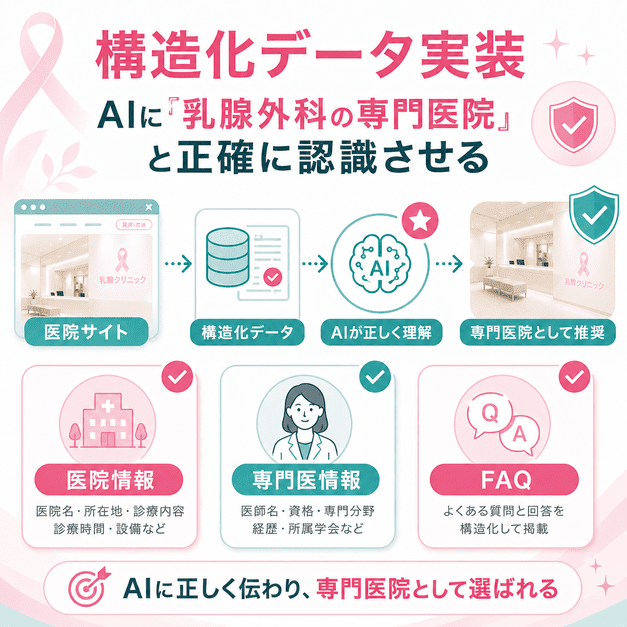 構造化データによって医院情報・専門医情報・FAQをAIに正確に伝え、乳腺外科の専門医院として認識させる図解