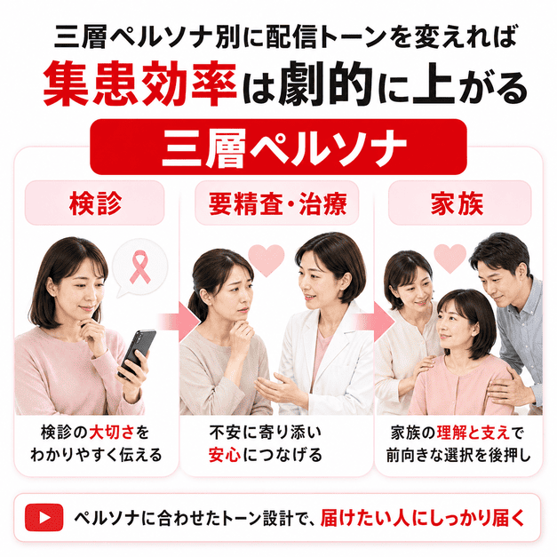 乳腺外科YouTube集患で重要な検診層・要精査治療層・家族層の三層ペルソナを表したイラスト