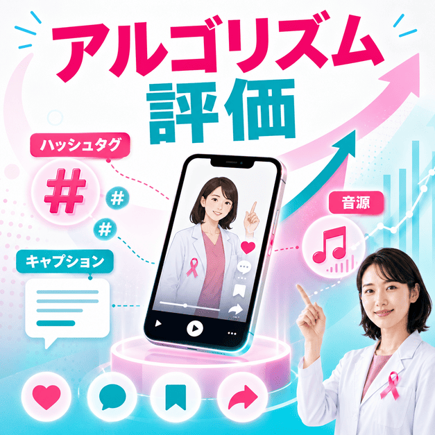 ハッシュタグ、キャプション、音源を活用してTikTokのアルゴリズム評価を高める運用イメージ