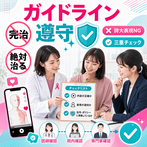 医療広告ガイドラインとTikTokポリシーを守るために医師、院内担当者、専門家が三重チェックする様子