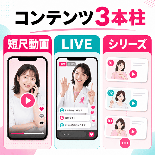 短尺動画、TikTok LIVE、シリーズ動画の3本柱で乳腺外科クリニックの啓発コンテンツを運用する様子