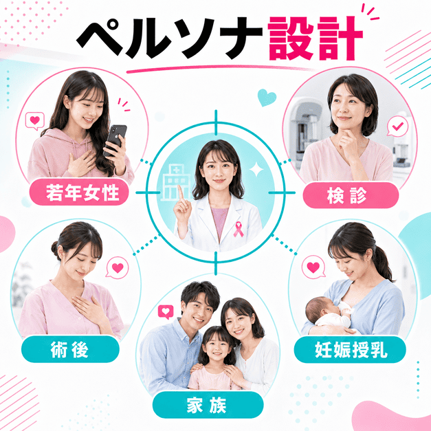 若年女性、検診対象者、術後フォロー、妊娠授乳期、家族サポートの5層ペルソナ設計を表した図