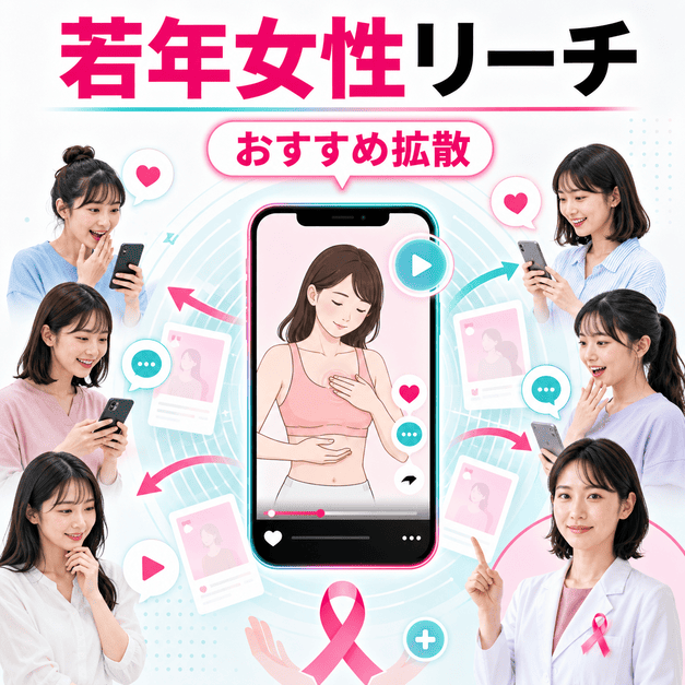 乳腺外科クリニックがTikTokのおすすめフィードを通じて若年女性にセルフチェック啓発を届ける様子