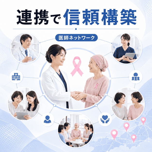 乳腺外科医ネットワークやサバイバー団体との連携により、地域での信頼を築く様子を表したイラスト