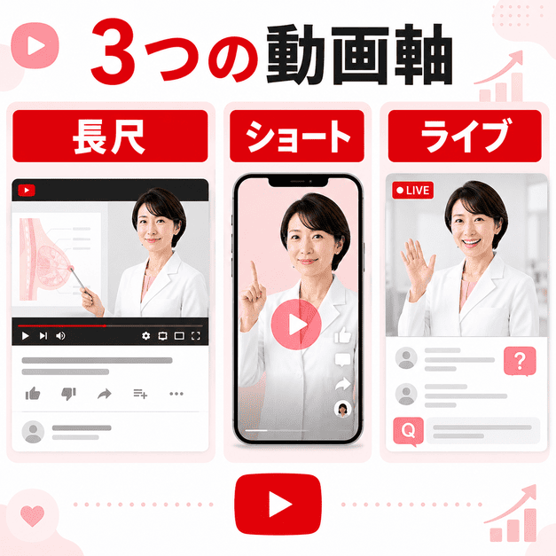 乳腺外科クリニックのYouTube運用で使う長尺動画・ショート動画・ライブ配信の3軸を示したイラスト