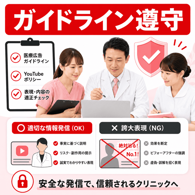 医療広告ガイドラインとYouTubeポリシーを守り、誇大表現を避けて安全に情報発信する様子を示したイラスト