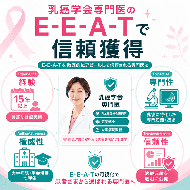 乳癌学会専門医の経験・専門性・権威性・信頼性を可視化し、信頼される専門医になる流れを示した図解