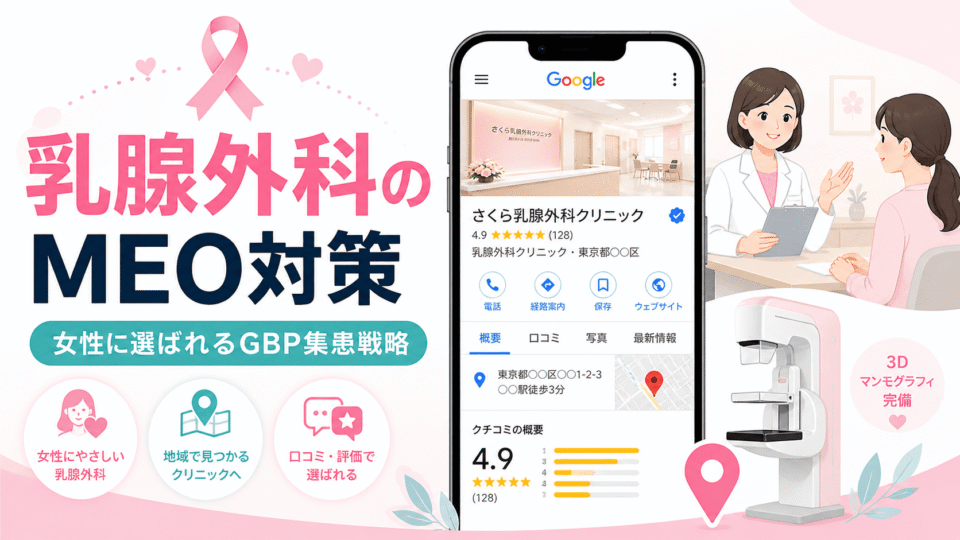 乳腺外科クリニックのMEO対策として、Googleビジネスプロフィールや口コミ、地図検索、女性患者への配慮をまとめて表したアイキャッチ画像