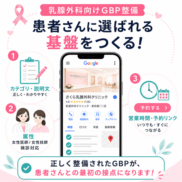 乳腺外科向けにGoogleビジネスプロフィールのカテゴリ、説明文、属性、営業時間、予約リンクを整備する重要性を示した図