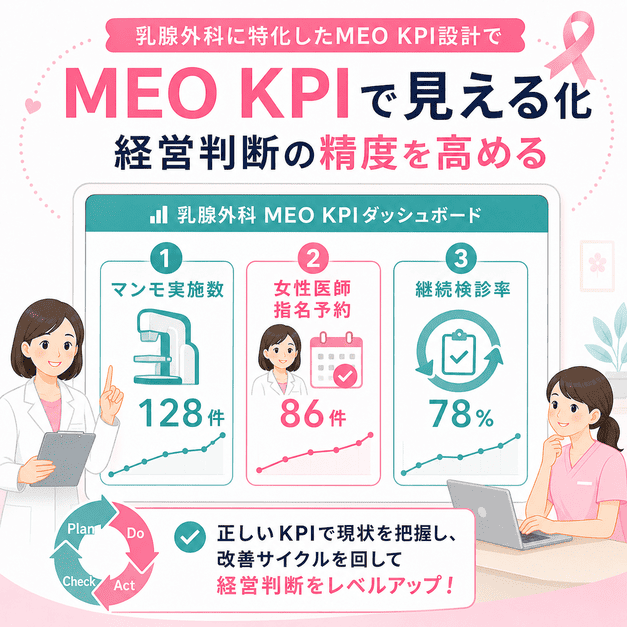 マンモ実施数、女性医師指名予約、継続検診率など乳腺外科に特化したMEO KPIをダッシュボードで可視化した図
