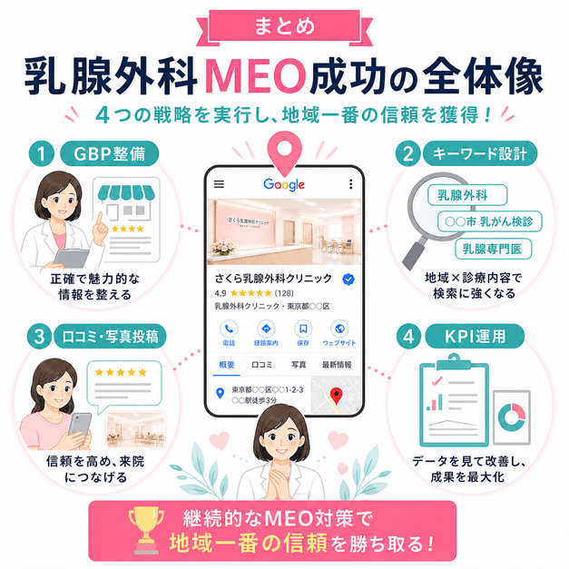 GBP整備、キーワード設計、口コミ・写真投稿、KPI運用を組み合わせて地域で選ばれる乳腺外科を目指すまとめ図