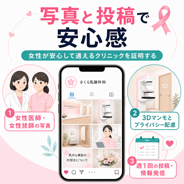 女性医師や女性技師、3Dマンモグラフィ、プライバシー配慮、週1回の投稿で安心感を伝えるGBP写真投稿の図