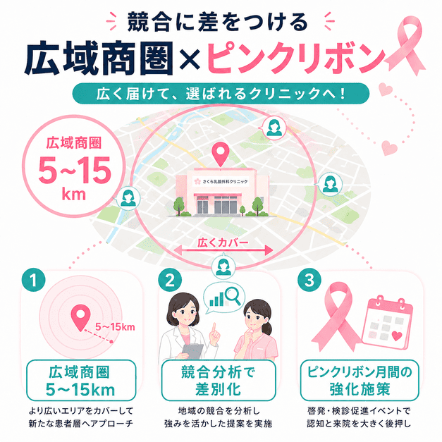 半径5〜15kmの広域商圏、競合分析、ピンクリボン月間の施策で乳腺外科の集患を強化する図