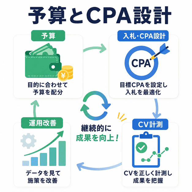 Google広告の予算配分、CPA設計、CV計測、運用改善を循環させる流れを示したイラスト