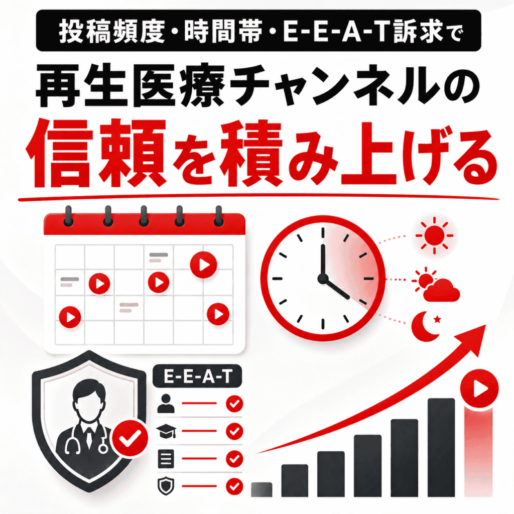 投稿頻度や公開時間帯、E-E-A-T訴求を通じて再生医療チャンネルの信頼を積み上げるイメージ