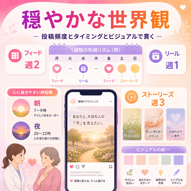 緩和ケアクリニックのInstagramで、投稿頻度・配信時間・穏やかなビジュアル統一を設計する様子を示したイラスト