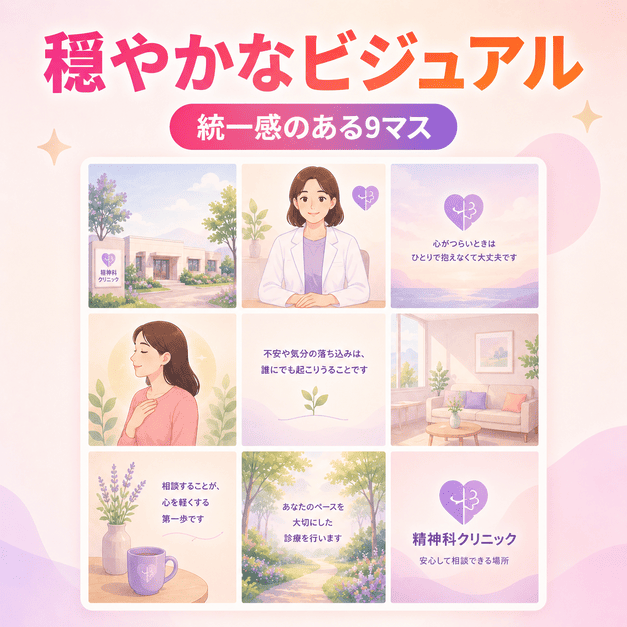精神科クリニックのInstagramで穏やかな色調と9マスグリッドにより安心感を伝える様子