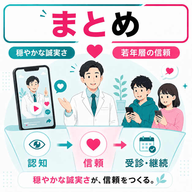 穏やかで誠実なTikTok発信が若年層の信頼と受診継続につながることを示すまとめイラスト