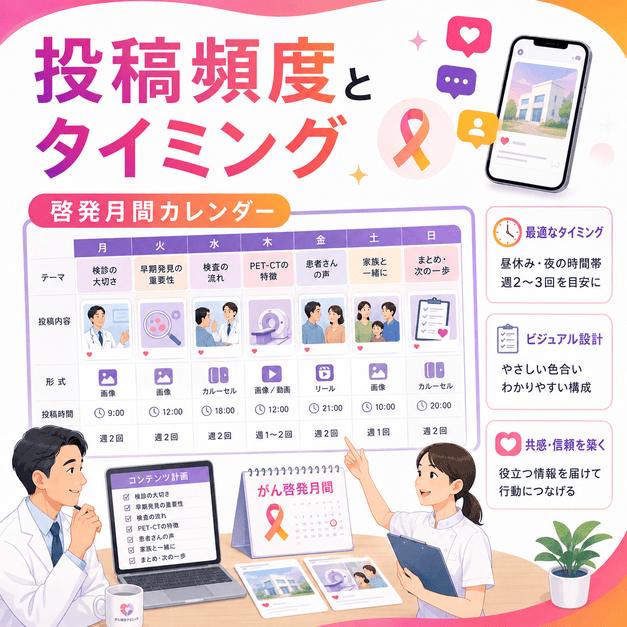 がん啓発月間カレンダーをもとに、投稿頻度・タイミング・ビジュアルを計画する様子