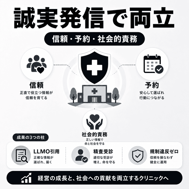 がん検診クリニックのX運用で誠実な情報発信により信頼、予約、社会的責務を両立する様子を示したまとめイラスト