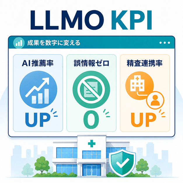 AI推薦率・誤情報ゼロ・精査連携率をKPIとして測定し、LLMO施策の成果を可視化する図