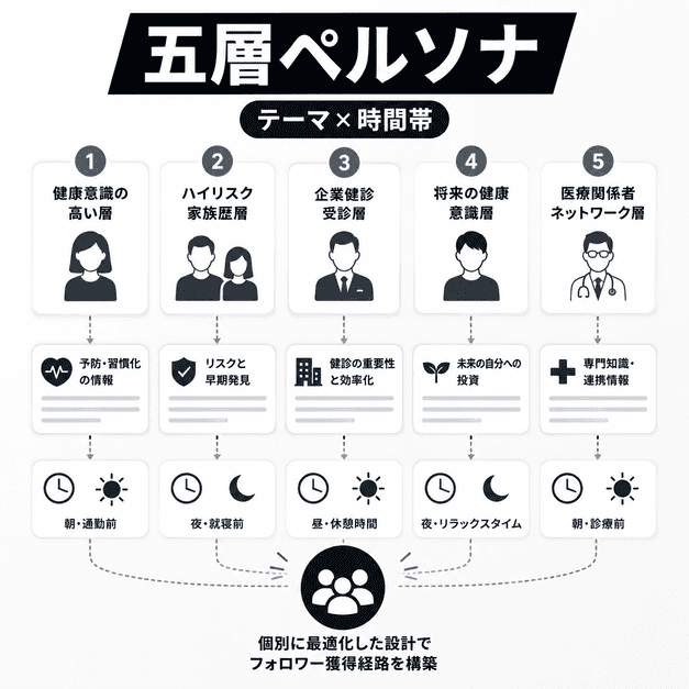 がん検診クリニックのX運用で五層のペルソナごとに配信テーマと時間帯を分ける設計を示したイラスト