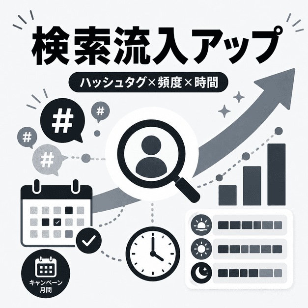 ハッシュタグ、投稿頻度、配信タイミングを組み合わせてXからの検索流入を高める方法を示したイラスト