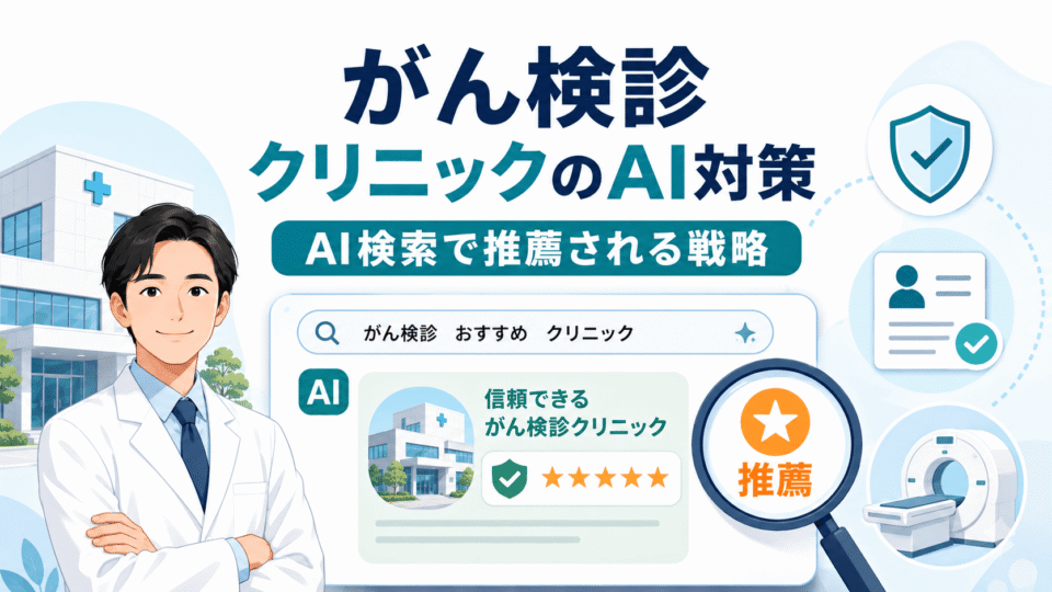 がん検診クリニックがAI検索で推薦されるためのLLMO対策を、医師・検索画面・信頼性アイコンで表したアイキャッチ画像