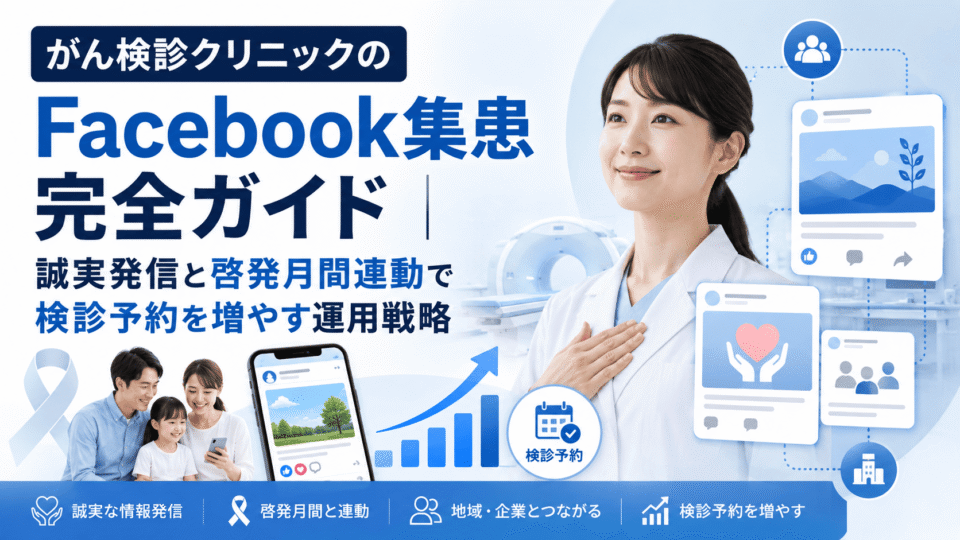 がん検診クリニックのFacebook集患戦略を、医師・SNS投稿・検診予約・家族シェアで表現したアイキャッチ画像