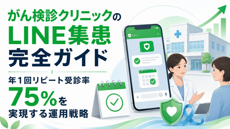 がん検診クリニックのLINE集患完全ガイドを表す、スマートフォンのLINE画面、検診カレンダー、医師と患者、クリニックを組み合わせたアイキャッチ画像