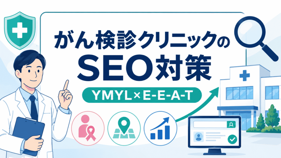 がん検診クリニックのSEO対策を、医師・検索・地域集患・YMYLとE-E-A-Tの要素で表したアイキャッチ画像