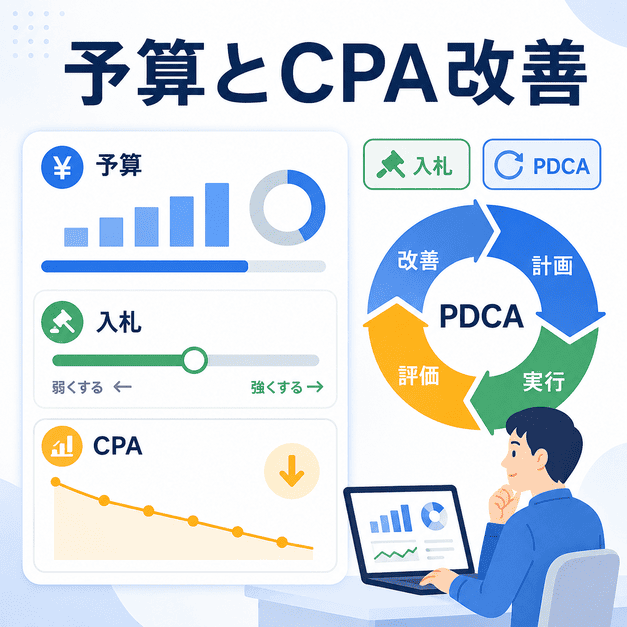 がん検診広告の予算、入札、CPAを確認しながらPDCAで改善する流れを示したイラスト