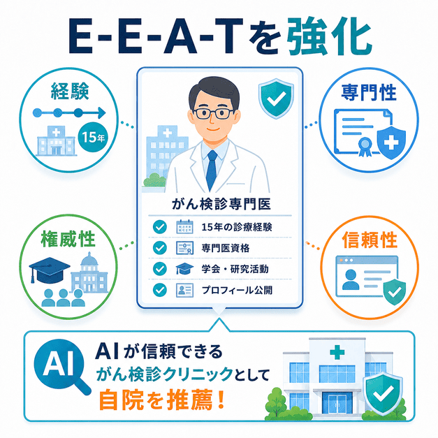 がん検診専門医の経験・専門性・権威性・信頼性を医師プロフィールで示し、AIからの推薦につなげる図