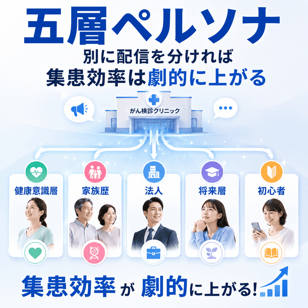 がん検診クリニックのFacebook配信を五層ペルソナ別に分け、集患効率を高める流れを示したイラスト