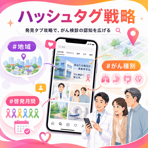 地域・がん種別・啓発月間のハッシュタグを活用し、がん検診の認知を広げる様子