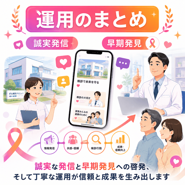 誠実発信・早期発見啓発・丁寧なInstagram運用が信頼と成果につながることをまとめたイラスト