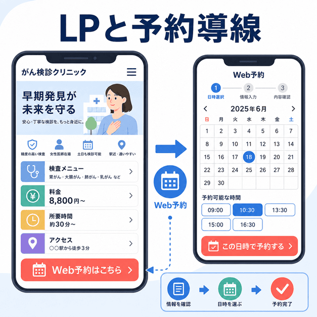 がん検診クリニックのLPから検査メニュー確認、日時選択、Web予約完了までの導線を示したイラスト