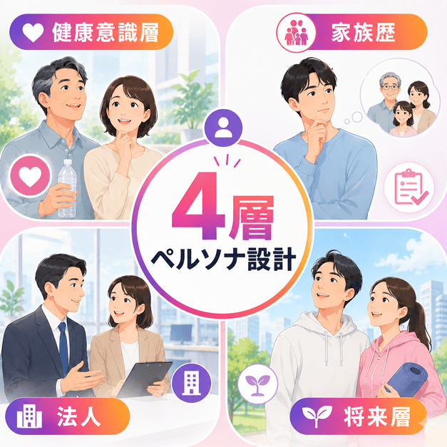 健康意識層、家族歴のある層、法人、将来層の4つのペルソナを整理したイラスト