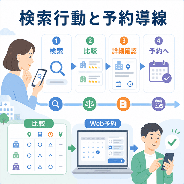がん検診を探す患者が検索、比較、詳細確認を経てWeb予約へ進む流れを示したイラスト
