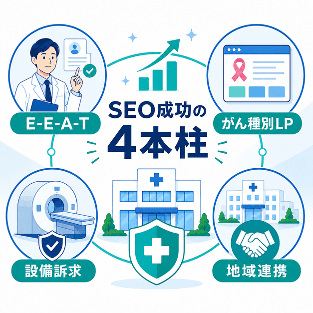 がん検診クリニックのSEO成功に必要なE-E-A-T、がん種別LP、設備訴求、地域連携の4本柱をまとめた図解