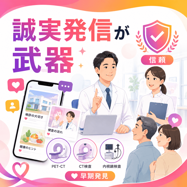 がん検診クリニックがInstagramで誠実な情報発信を行い、患者の信頼と早期発見につなげる様子